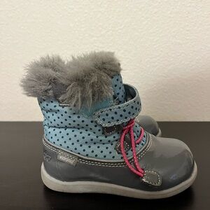 See Kai Run Polka Dot Gray and Blue Boots with Pink Accents